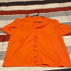 Ruffle-Placket Short Sleeve Blouse in Vibrant Orange